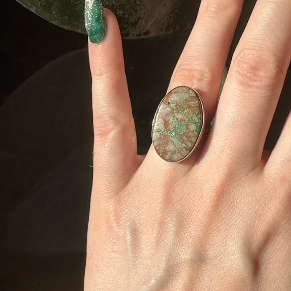 Navajo Boulder Turquoise Sterling Silver Ring by Scott Skeets - Picture 2 of 6